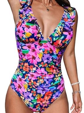 Cupshe Ditsy Floral Flutter One Piece Swimsuit Tummy control Magenta L NWT
